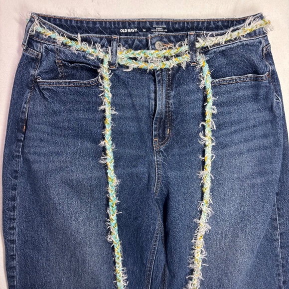 Old Navy Jeans Painted Mod Retro 70s Flower Blue Green High Rise Curvy Wide Leg - Picture 4 of 12
